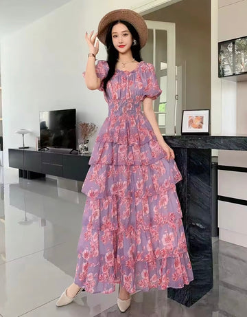 Floral Ruched Waist Layered Dress - Purple